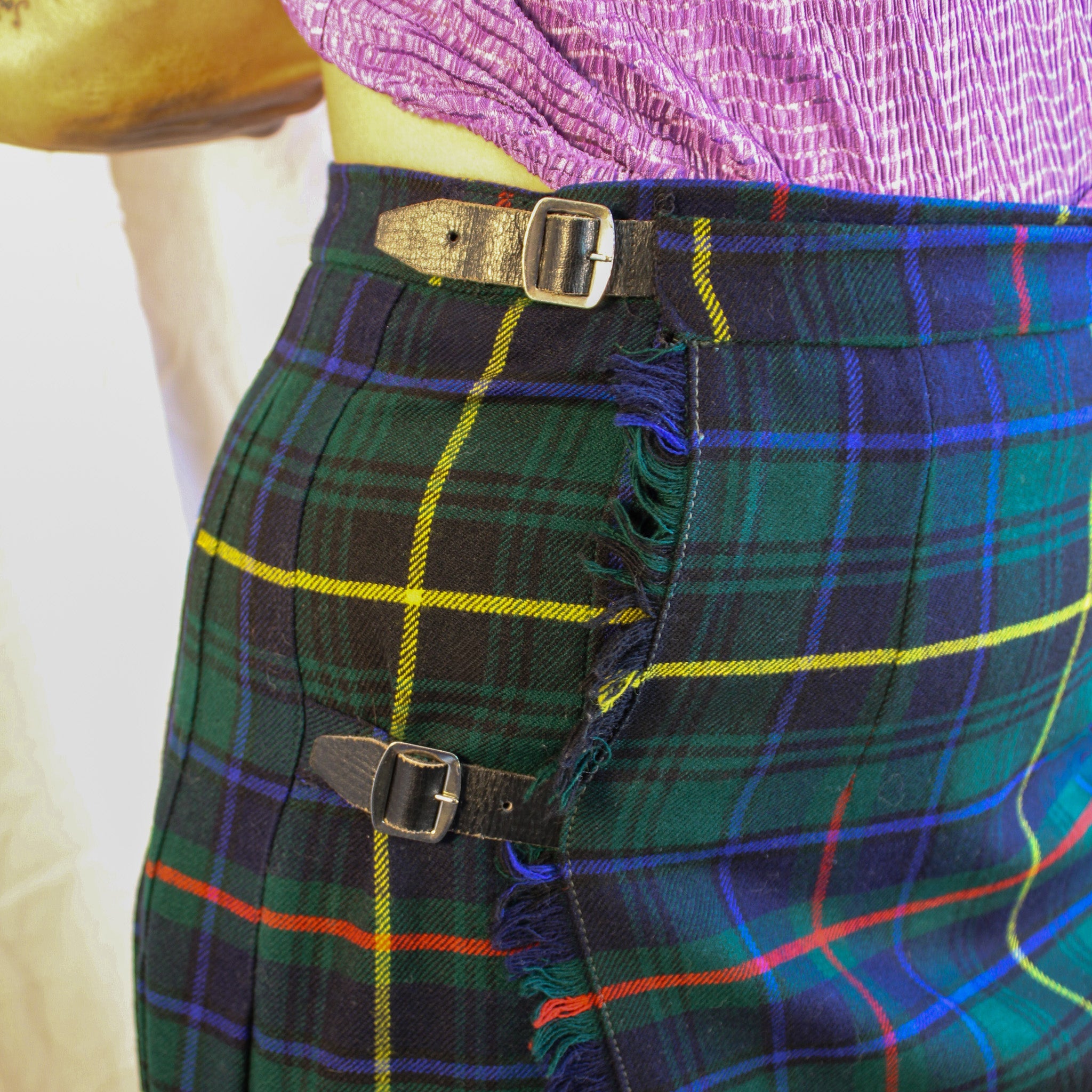 70s wool tartan wrap maxi skirt with buckle straps