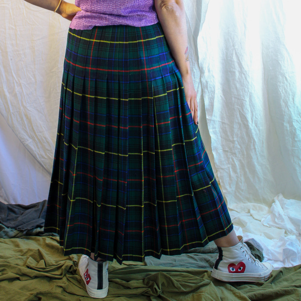 70s wool tartan wrap maxi skirt with buckle straps