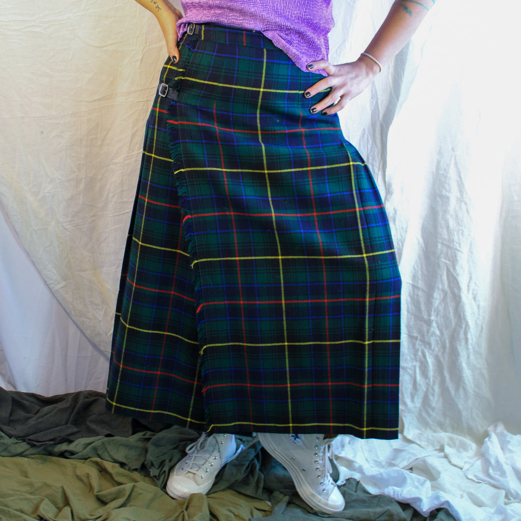 70s wool tartan wrap maxi skirt with buckle straps