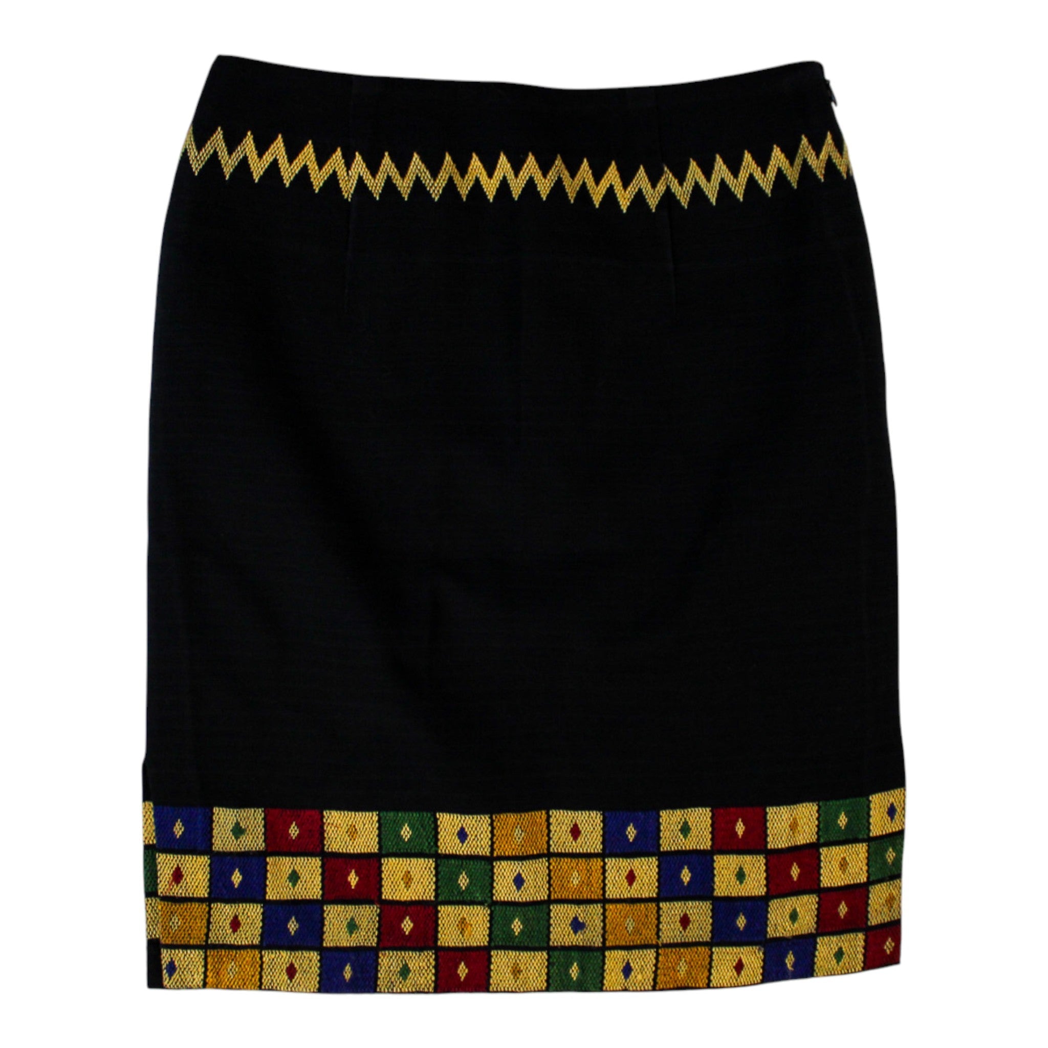 80s black woven mini skirt with geometric trim – xs/s – image 2