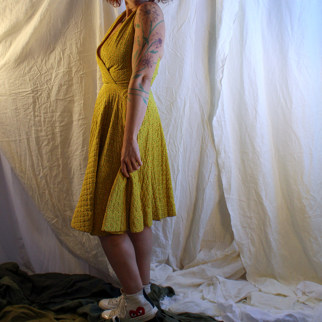 50s quilted yellow halter circle dress – handmade