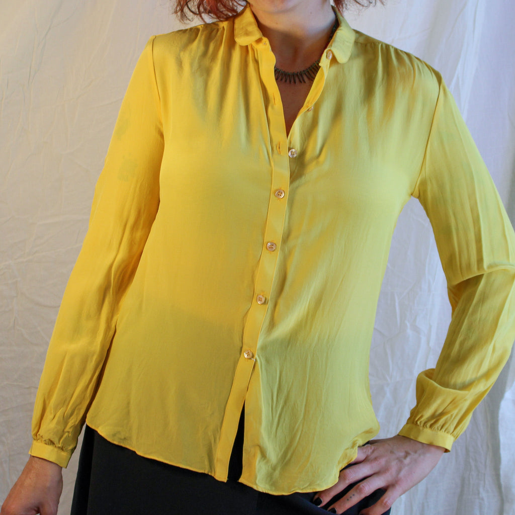 Front view on model of Elizabeth Arden marigold silk blouse (NOS)
